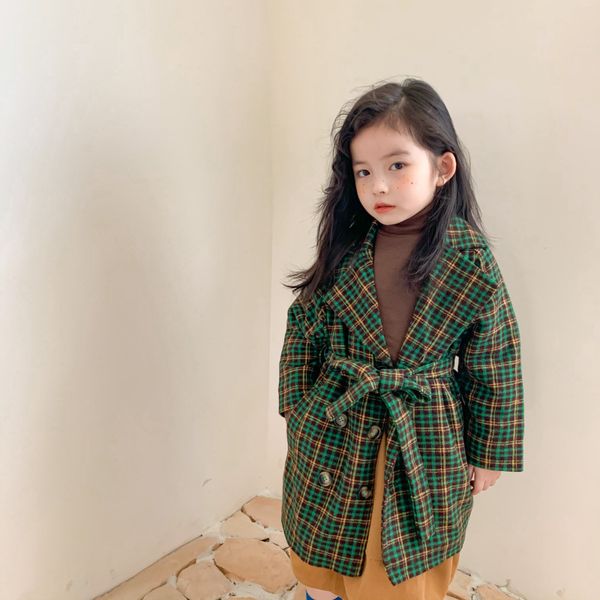 

autumn and winter new arrival korean style cotton thickened double breasted plaid tweed long coat with belt for fashion girls lj201125, Blue;gray