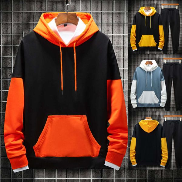 

men's color matching new hooded street fashion sweater suit hip hop loose trend, Gray