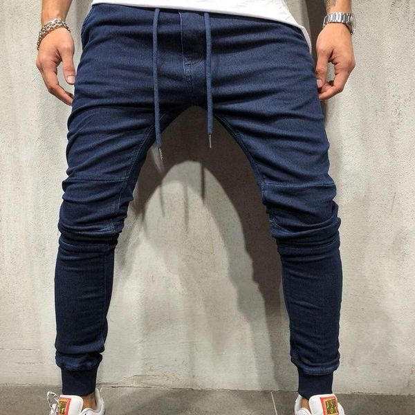 

men's skinny jeans elastic waist soft solid elasticity breathable cotton trousers streetwear hip hop casual denim pants p0128, Blue