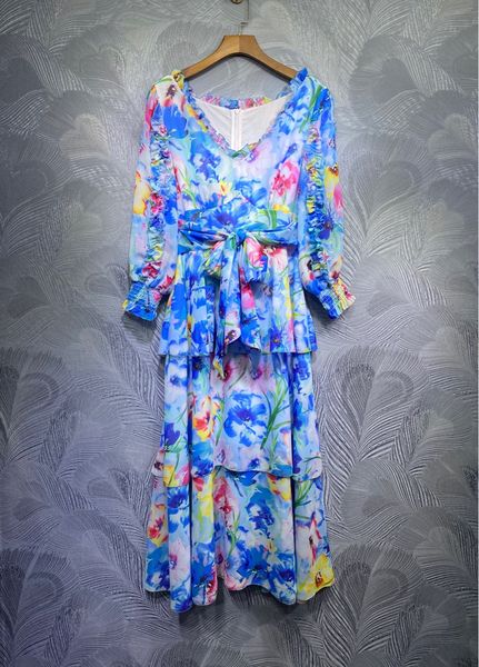 

milan runway dress 2021 v neck long sleeve print designer dress brand same style dress 0111-10, Black