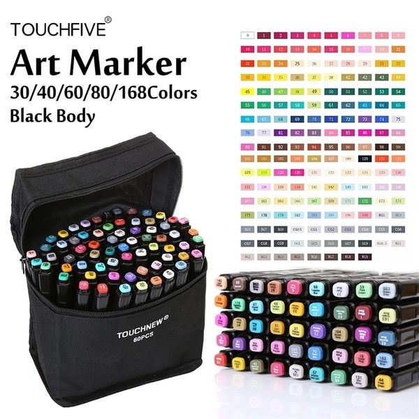 Touchfive Alcoble на основе алкогольных маркеров 30/40/60/60/80/168 Цветные художественные маркеры установить дешевый эскиз ручка маркера для розыгрыша манга анимации поставщиков 201211