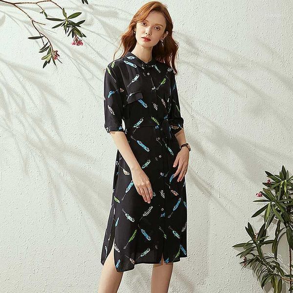 

100% silk dress women casula style printed stand neck three quarter sleeve dress belt elegant derss new fashion1, Black;gray