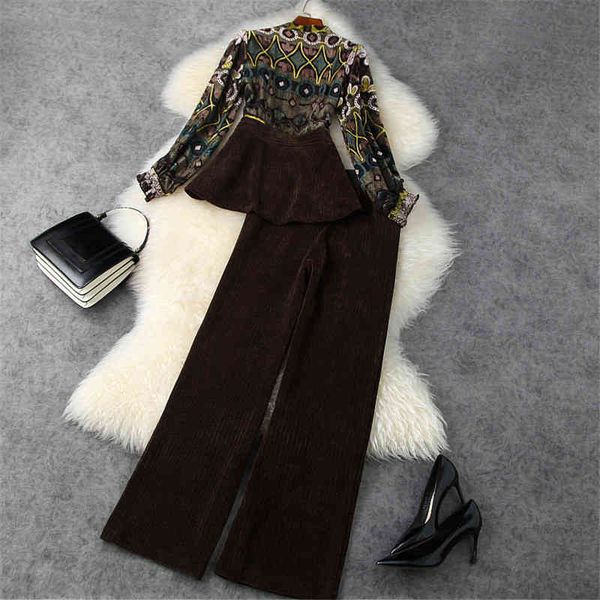 

women's two piece pants autumn winter elegant office lady 2piece set women runway fashion vintage print velvet and trousers suit party, White