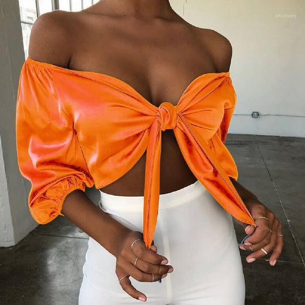 

autumn womens blouse satin silk tie up knot flared sleeved cropped off shoulder plunge womens shirt fashion streetwear1, White
