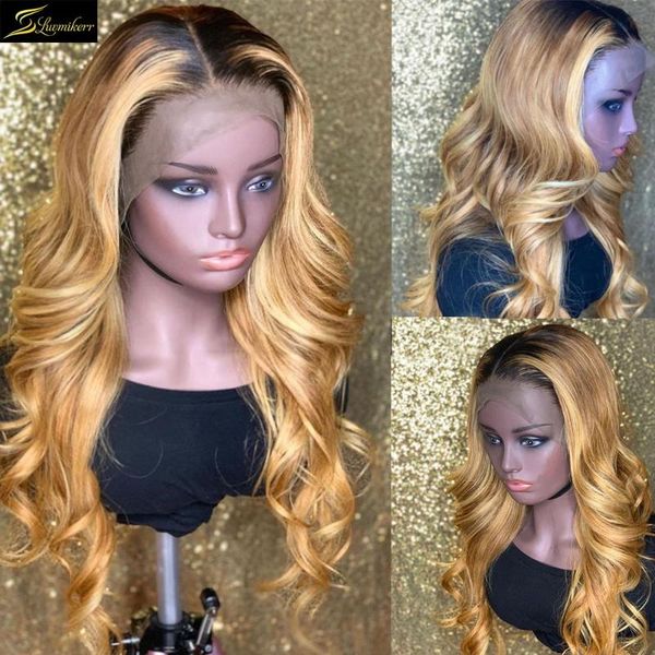 

ombre 613 honey blonde colored body wave wigs bleached knots pre plucked hd transparent human hair wigs for women highlight wavy, Black;brown