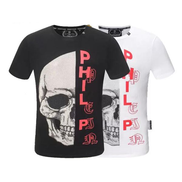 

new pp short sleeve t shirt men's skull drill personality domineering fashion round neck slim fit, White;black