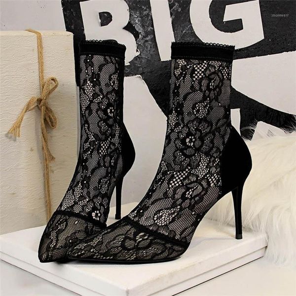 

2020 winter women black lace ankle boots 9cm pencil high heels boots floral sock lady exotic dancer shoes big size1