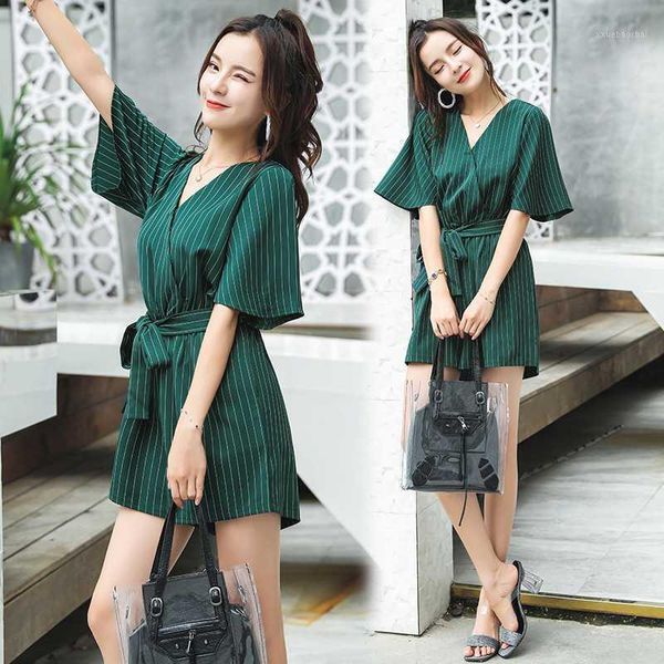 

new arrival 2020 fashion women's v-neck short sleeve strappy holiday short playsuits striped cami belt romper jumpsuit, Black;white