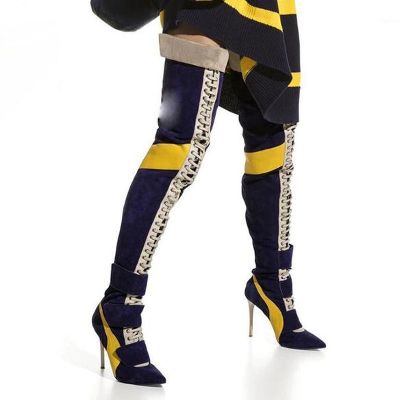

2020 women blue patchwork thigh high heel boots women lace up botas over the knee shoes chaussures femme size 35-431, Black