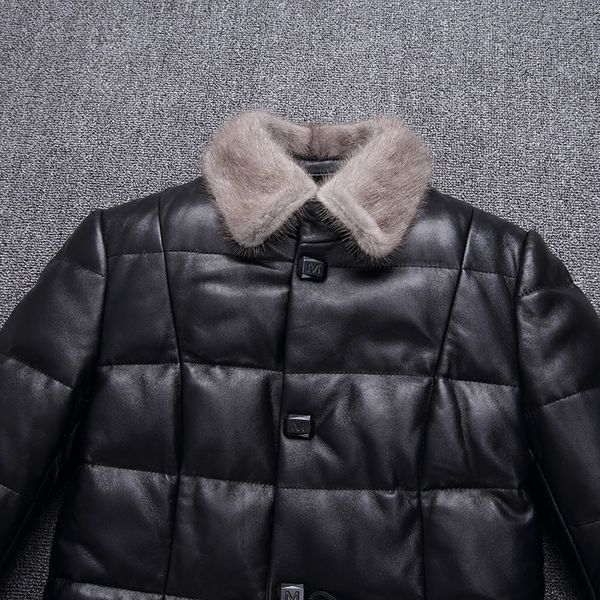 

female leather genuine autumn winter fur coat long ram down mink jacket jackets wear en wk8q, Black
