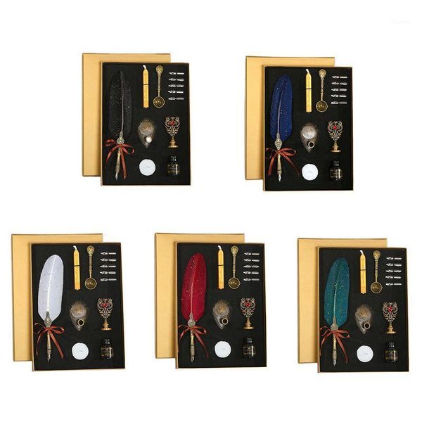 

antique quill feather dip pen writing ink set stationery gift box fountain pen1