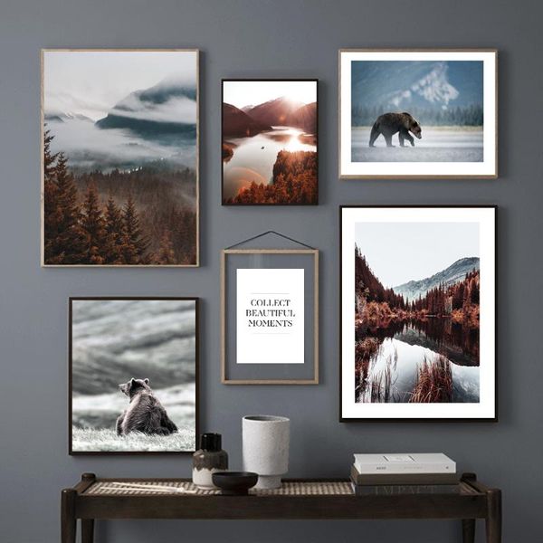 

paintings bear animal wall poster autumn lake forest nordic nature scenery print scandinavian canvas painting art home decoration pictures