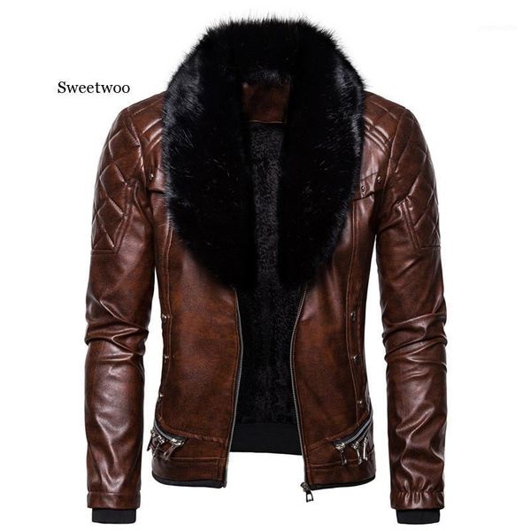 

new men's biker leather jacket fur collar detachable faux leather motocycle jackets coats casual pu jacket1, Black