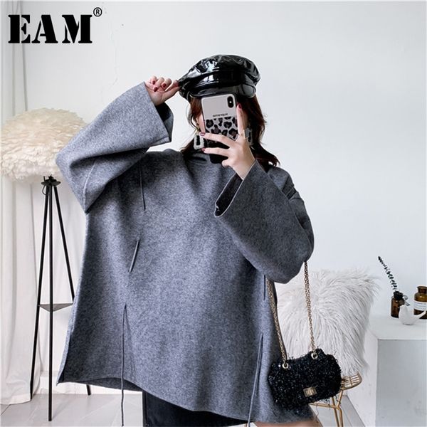 

[eam] gray big size knitting sweater loose fit hooded long sleeve women pullovers new fashion tide autumn winter 1y202 201221, White;black