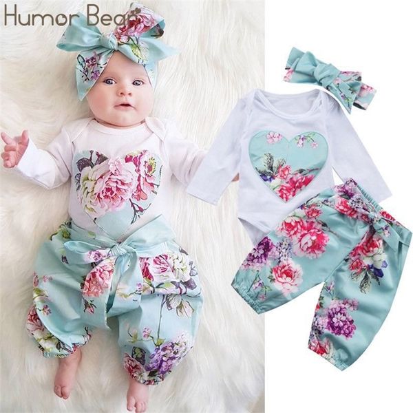 

humor bear autumn baby girls clothes sets cotton long sleeves t-shirt+flower pants +headband toddler jumpsuit clothing suit lj201221, White