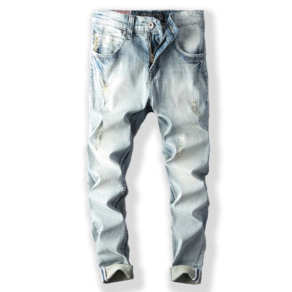 

godlikeu slim fit washed thin jeans youth pants denim trousers men, Blue