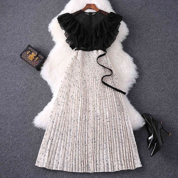 

casual dresses france fashion vintage party dress women luxury ruffled lace chest spring runway designer dot print pleated 75n9, Black;gray