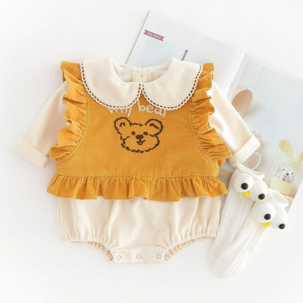 

2021 new autumn clothes set bear print corduroy vest and baby girl cotton solid doll collar bodysuit long sleeve jumpsuit esag, Blue