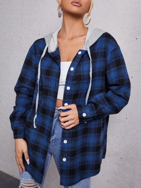 

contrast hooded gingham print blouse g3xm#, White