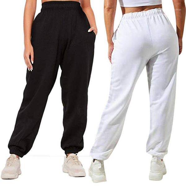 

women sweatpants casual solid sports elastic mid waist pockets lady long loose ladies fitness running pants trousers outfits #401, Black;white