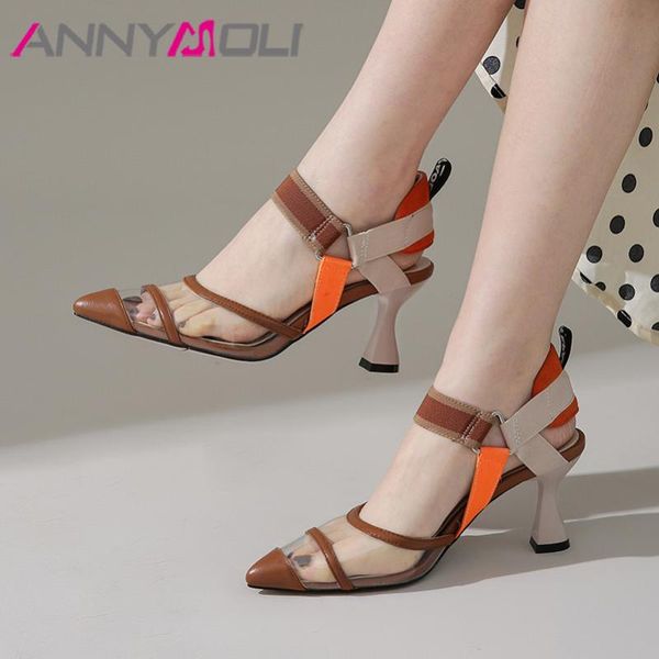 

annymoli women sandals spring shoes natural genuine leather kitten high heel shoes real leather transparent sandals ladies 34-42, Black