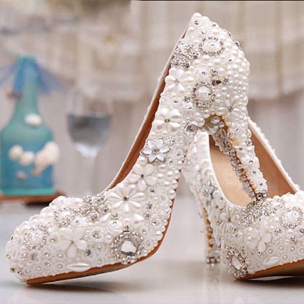 

wedding women pearl bridal crystal party at night white bombs super high heels round toe shoes lady size jt72, Black