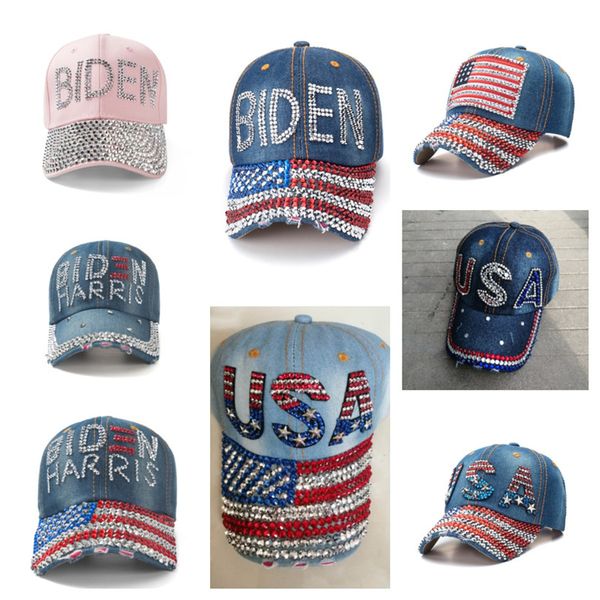 

2021 women mens snapbacks usa flag biden harris visor sport headwear diamond rhinestone baseball hat president biden denim ball caps e111802, Yellow