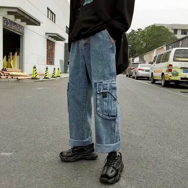 

tooling jeans men's spring and summer brand new korean fashion student loose straight casual pants, Blue