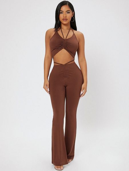

petite tie back halter & flare leg pants 14ah#, White
