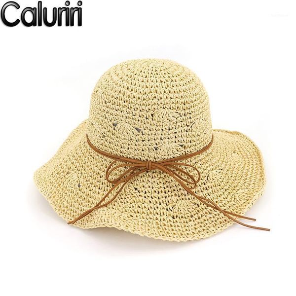 

caluriri women summer hats sun beach panama straw hat wide brim folded outdoor caps leisure holiday paper straw cap visors1, Blue;gray
