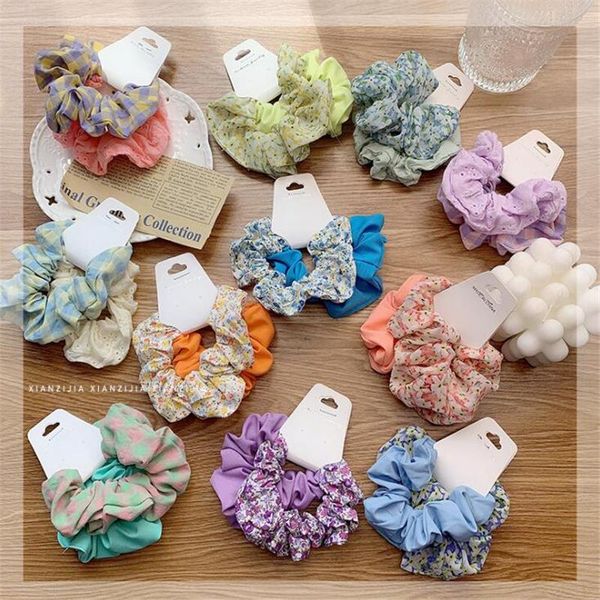 

new korean stlye fashion elastic hair for women girls flower plaid headband scrunchies vintage chiffon hair accessories headband