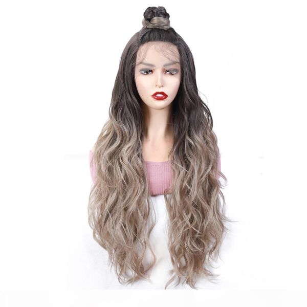 

x-tress new moon part lace frontal long body wave ombre grey colored hair wig synthetic hair lace front wigs for black women