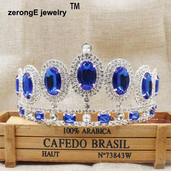 

zeronge jewelry 3.4inch brilliant royal blue stone color peacock tiara pageant hair crown tiara for women event decoration, Golden;silver