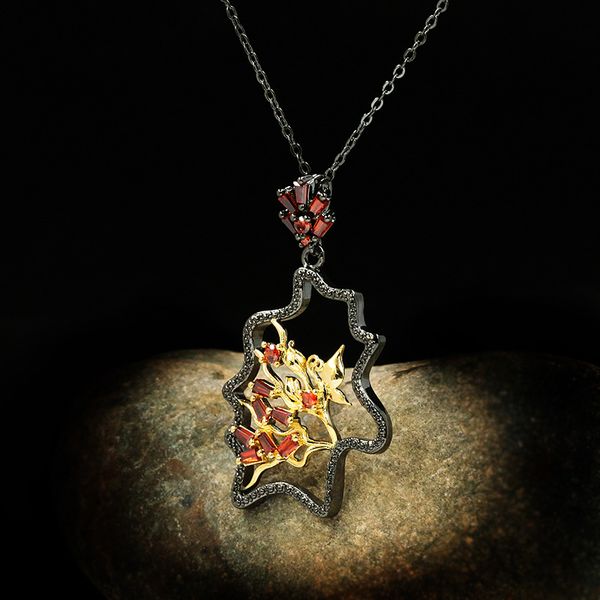 

exquisite ladies geometric irregular shape pendant hollow jewelry red zircon italian luxury ladies necklace sweater chain, Silver