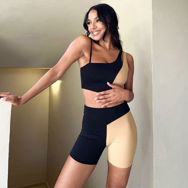 

spring and summer contrast color stitching two-piece one-shoulder sports fitness yoga suit female cx220303, Gray