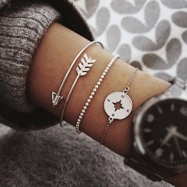 

rinhoo silver color 3pcs/set arrow compass bracelets sets women fashion party jewelry gifts simple bead chain bohemia bracelets1, Golden;silver