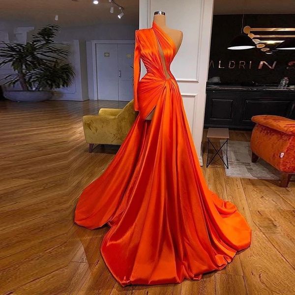 Orange Plissee Satin Eine Schulter Abendkleider 2021 Sexy V-ausschnitt Split Prom Party Kleider Formale Vestidos De Fiesta AL7879