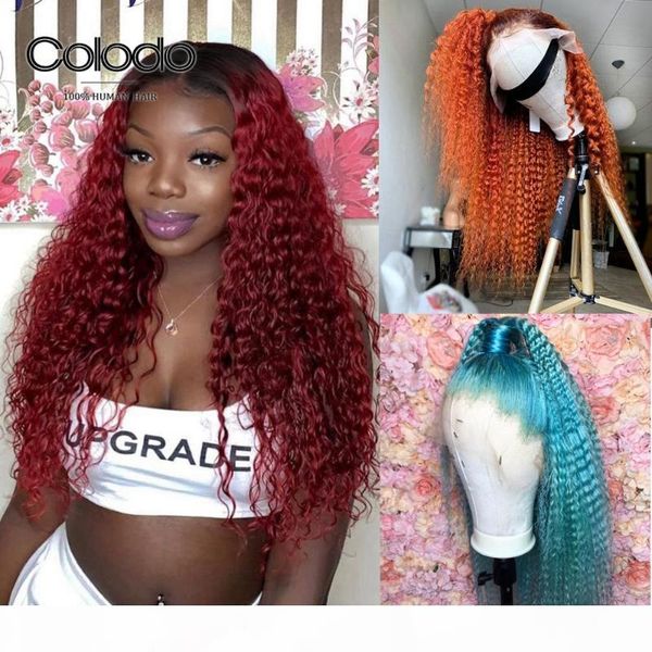 

colodo preplucked blonde human hair wig remy brazilian ombre ginger wig glueless baby blue kinky curly lace front wigs for women, Black;brown