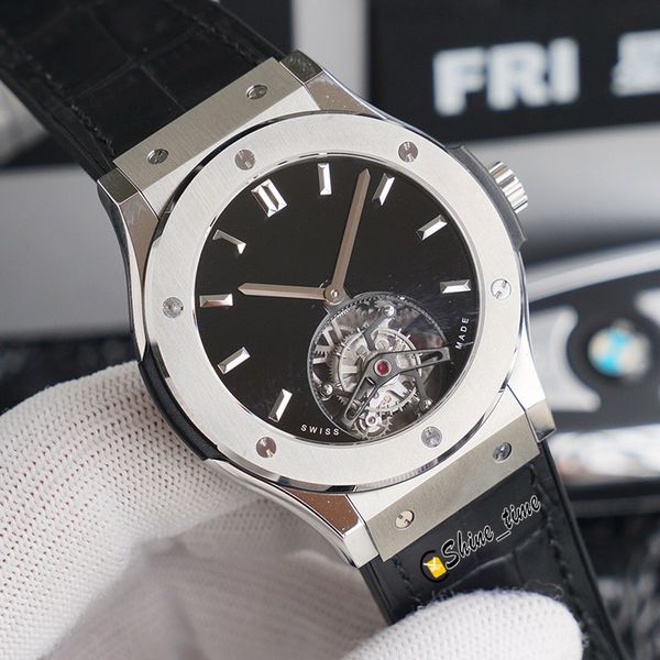 

new version 45mm true tourbillon skeleton dial 305.cm.134.rx 18k rose gold/platinum case hub6010 manual winding movement leather strap, Slivery;brown