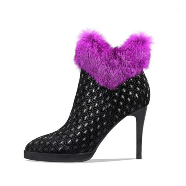 

boots luxury women ankle winter pointed stiletto platform national wind shoes for ladies fur high heels zip pumps party shoes1, Black