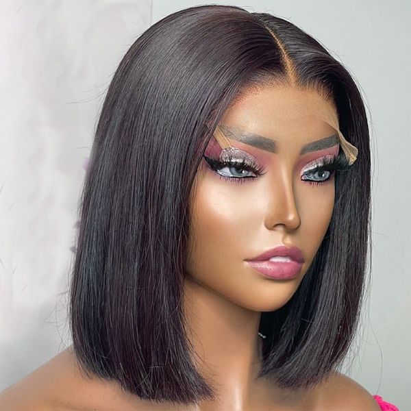 

black color blunt short cut bob lace front wig for women with baby hair silky straight heat resistant pre plucked glueless 14 inch daily cos, Black;brown