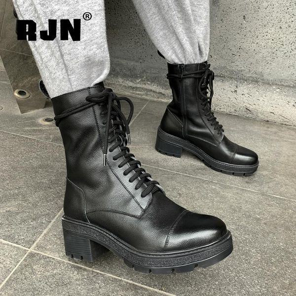 

rjn new autumn ankle boots round toe lace-up decoration zipper women shoes casual anti-skid platform boots ro183, Black