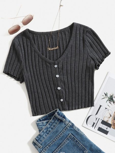 

button up rib-knit crop p6pk#, White