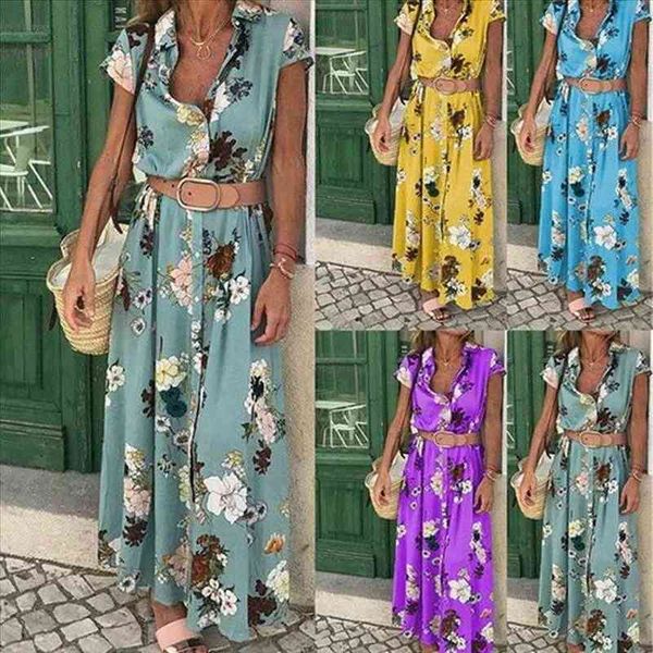 

womens dresses retro floral print short sleeve turndown collar maxi dress with waistband party women long vestidos, Black;gray