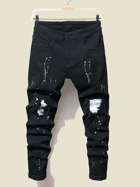 

men splash ink print ripped patched jeans s3mf#, Blue