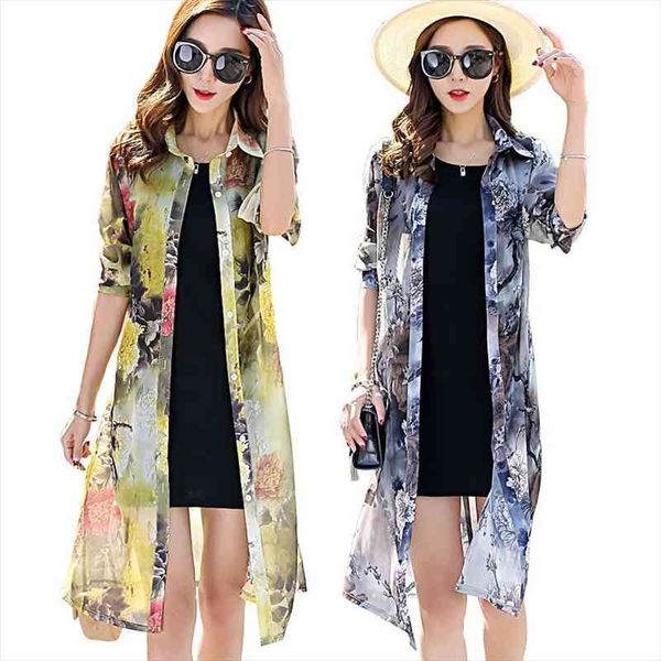

tingyili summer cardigan women chiffon floral print boho long shirt korean elegant ladies long cardigan, White