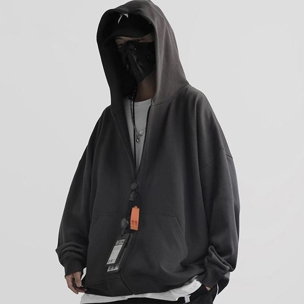 

mens coat zipper autumn hip hop streetwear hoodie sweatshirt man oversized cotton pullover loose kg-244, Black