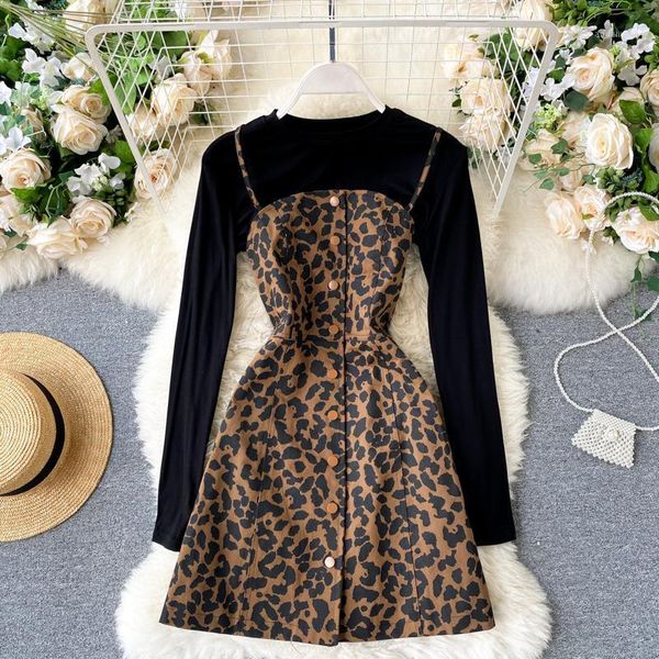 

women two piece set black long sleeve basic cropped t-shirt+leopard print spaghetti strap sleeveless mini dress suits1, Gray