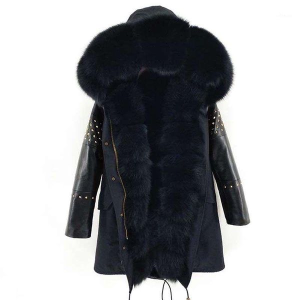 

2020 long parka real fur coat winter jacket women natural sheepskin leather rivet sleeves outerwear streetwear new casual1, Black