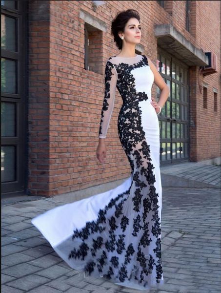 

elegant arabic black and white mermaid evening dresses for women sigle long sleeve appliques lace illusion formal party gowns floor length c, Black;red